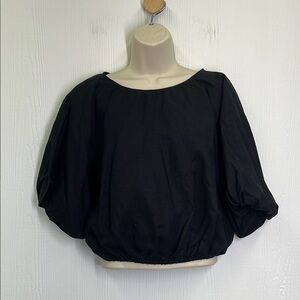 H&M - NWT Black Linen Blend Puffed Sleeve Deep V Neck Tie Back Crop Blouse Small